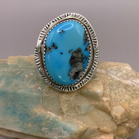 Navajo Native American Indian Made Kingsman Turquoise Sterling Silver Ring 6.5 - Picture 3 of 16